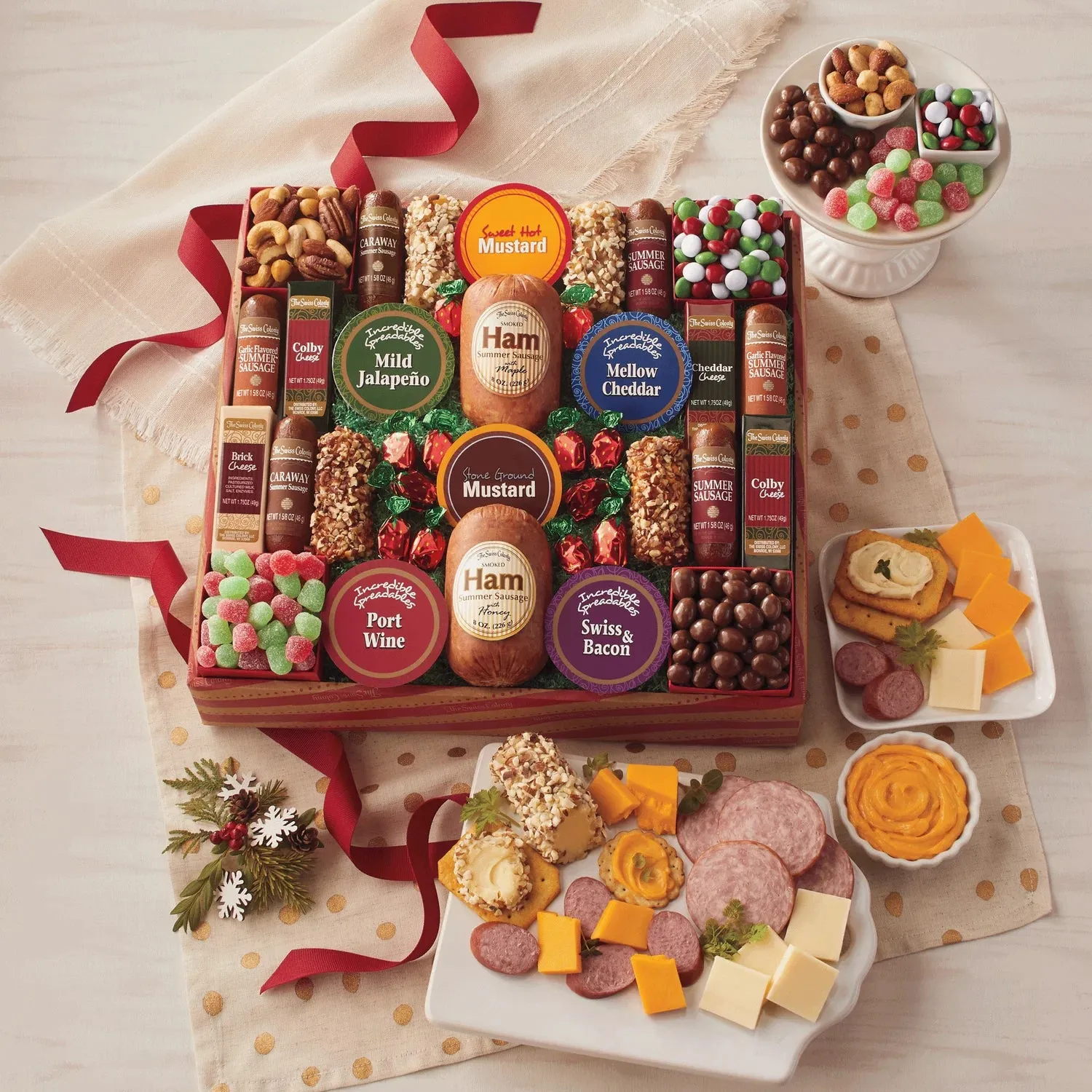 The Swiss Colony 26 Surefire Pleasers - Assorted Holiday Treats with Ham Summer Sausages, Chocolates, Cheese Bars and Logs, and Candy